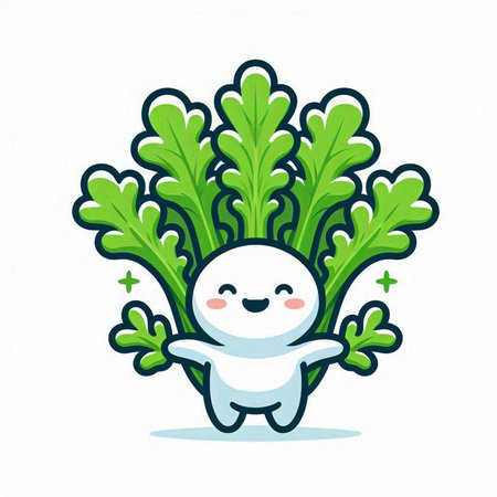 Cute kawaii radish character with lettuce leaves. Vector illustration.のイラスト素材