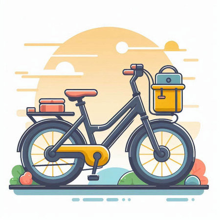 Vector illustration of bicycle in flat style on the background of sunset.のイラスト素材