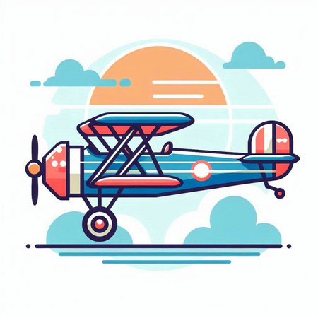 Airplane with propeller. Vector illustration in flat linear style.のイラスト素材