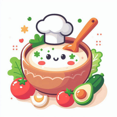 Cute vector illustration of a bowl of soup with a chef's hat.のイラスト素材