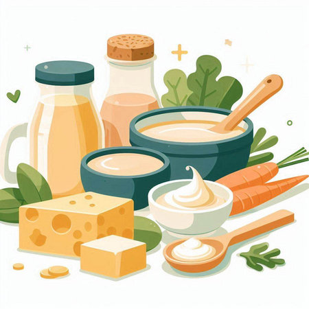 Healthy food vector illustration: yogurt, sour cream, cheese, butter, herbs, spices.のイラスト素材