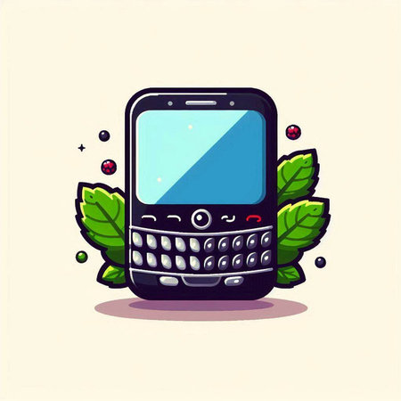 Mobile phone with leaves and berries. Vector illustration in cartoon style.のイラスト素材
