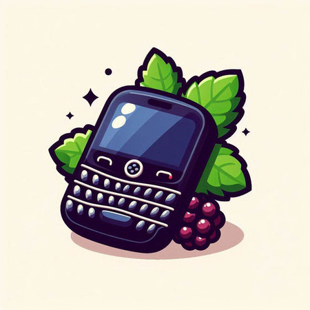 Mobile phone with blackberries and leaves. Vector illustration in cartoon style.のイラスト素材
