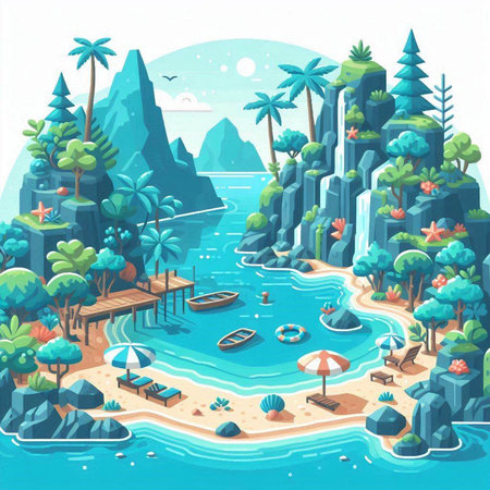 Tropical island with palm trees, rocks, palms and boats. Vector illustrationのイラスト素材