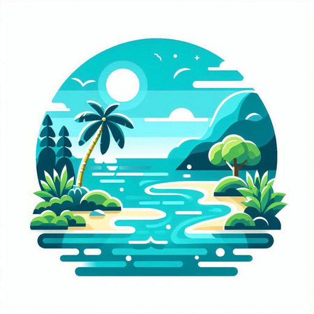 Tropical island with palm trees and sea. Vector illustration.のイラスト素材