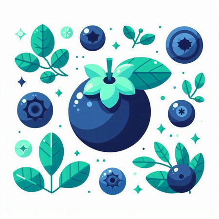 Blueberries with leaves and berries. Vector illustration in flat style.のイラスト素材