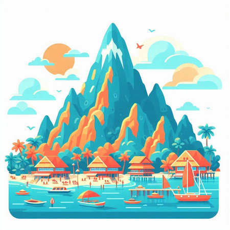 Seascape with mountains, houses and boats. Vector illustration.のイラスト素材