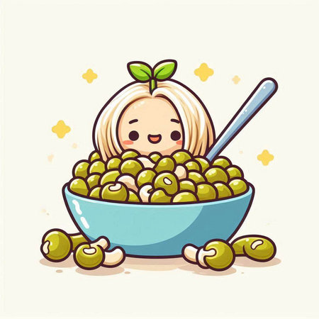 Illustration of a Cute Girl Eating Green Peas in a Bowlのイラスト素材