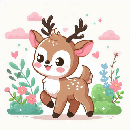 Cute cartoon reindeer in the forest. Vector illustration.のイラスト素材