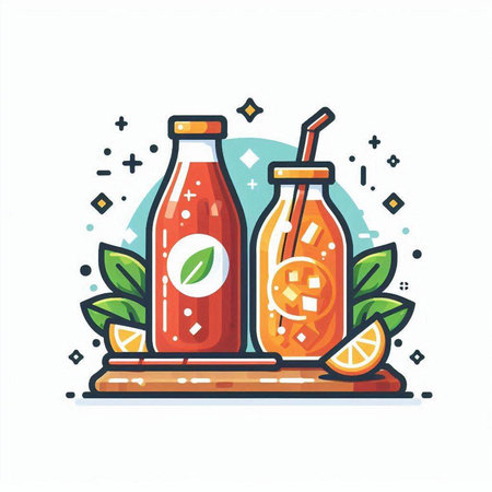 Bottles of tasty smoothie with lemon and mint. Vector illustration.のイラスト素材