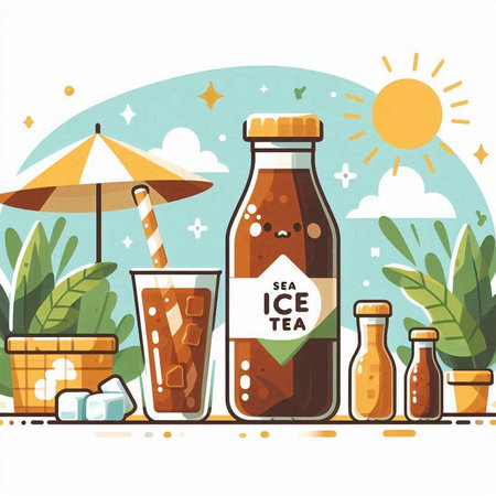 Vector illustration of a bottle of ice tea with ice cubes and a strawのイラスト素材
