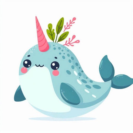 Cute cartoon narwhal isolated on white background. Vector illustration.のイラスト素材