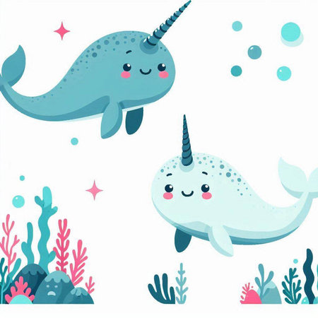 Cute cartoon narwhal and seaweed. Vector illustration.のイラスト素材