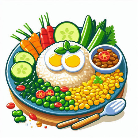 Illustration of a plate of rice with fresh vegetables and fried eggsのイラスト素材