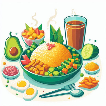 Rice with vegetables and fruits. Vector illustration in cartoon style.のイラスト素材