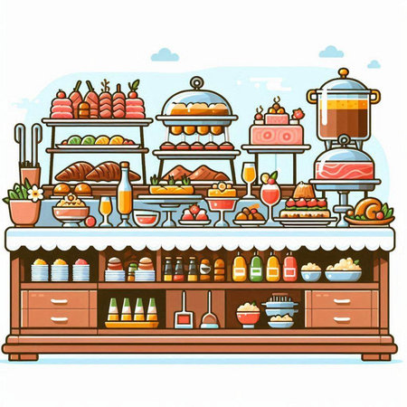 Cafe counter with different food. Vector illustration in flat style.のイラスト素材