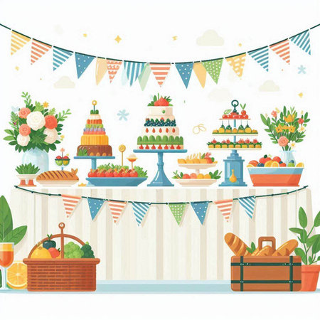Candy bar. Cakes, fruits and cakes. Vector illustrationのイラスト素材