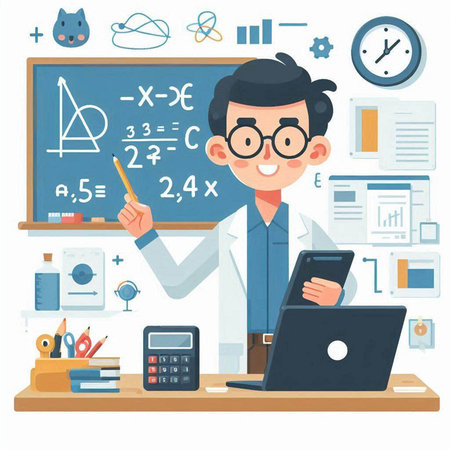 Male teacher at the desk in the classroom. Cartoon vector illustration.のイラスト素材