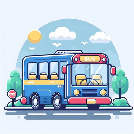 Bus in the city. Vector illustration in flat style. Isolated on white background.のイラスト素材