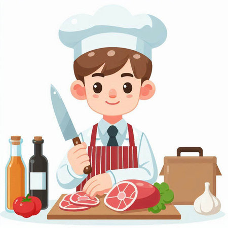 Cartoon chef boy cooking meat with knife and fork. Vector illustrationのイラスト素材