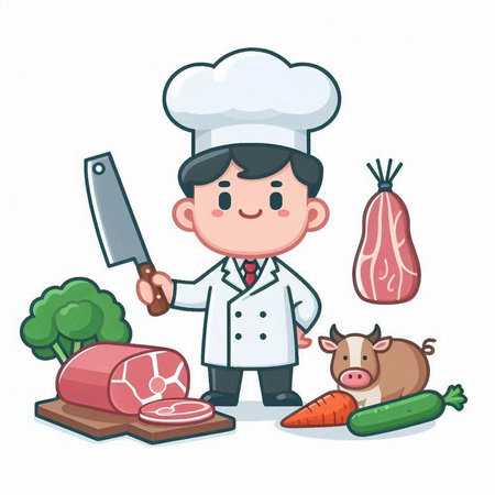 Chef with meat and vegetables. Cute cartoon vector illustration.のイラスト素材