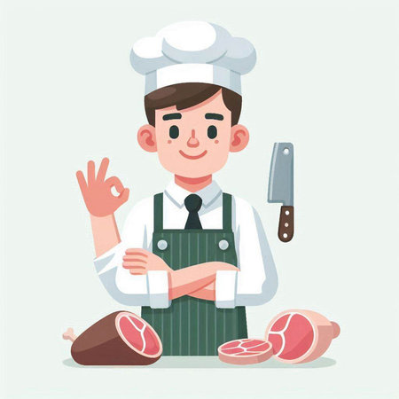 Chef man holding knife and meat. Vector illustration in cartoon styleのイラスト素材