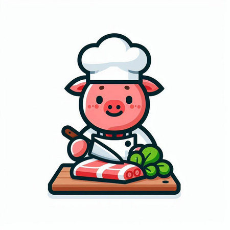 Cute pig chef with knife and meat on cutting board. Vector illustration.のイラスト素材
