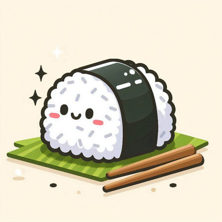 Illustration of a sushi roll with chopsticks on a green matのイラスト素材