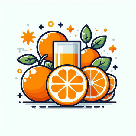 Orange juice in a glass with orange slices and leaves. Vector illustration.のイラスト素材