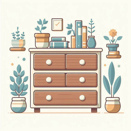 Cabinet with books and plants. Flat style vector illustration.のイラスト素材