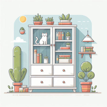 Cabinet with books and plants. Flat style vector illustration.のイラスト素材