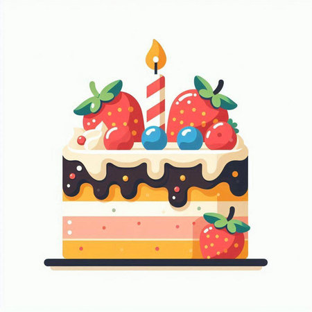 Birthday cake with strawberries and blueberries on a white background. Vector illustrationのイラスト素材