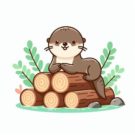 Cute otter sitting on log. Vector illustration in cartoon styleのイラスト素材