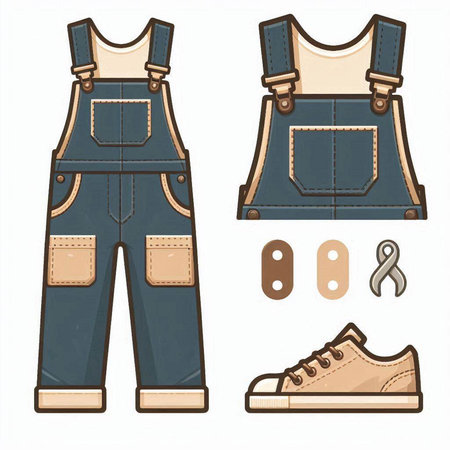 Vector set of denim overalls and sneakers. Jeans collection.のイラスト素材