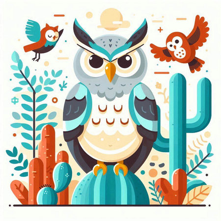 Cute owl with cactuses and birds. Vector illustration.のイラスト素材