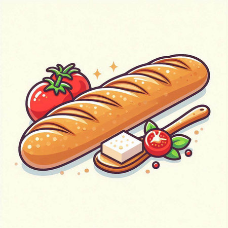 Baguette with cheese, tomato and basil. Vector illustration.のイラスト素材
