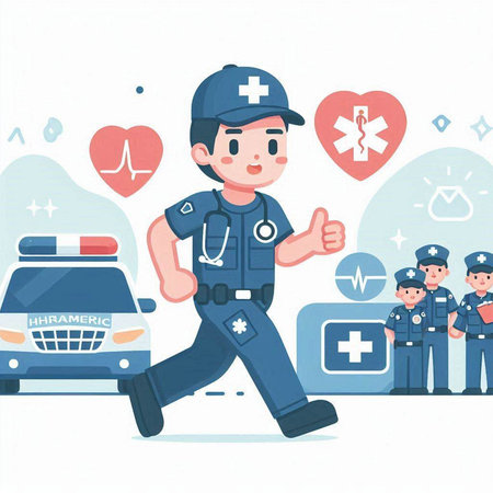 Vector illustration of a male paramedic running in front of ambulance car and medical symbols.のイラスト素材