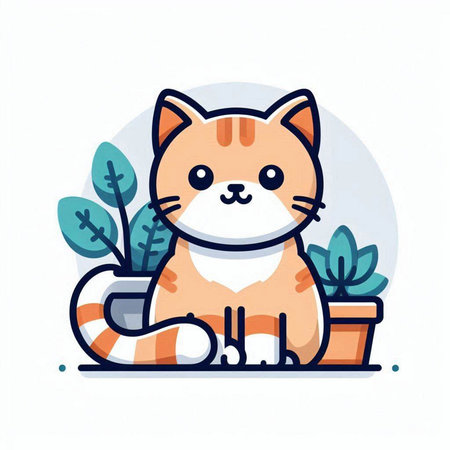 Cute cartoon cat sitting in the flower pot. Vector illustration.のイラスト素材