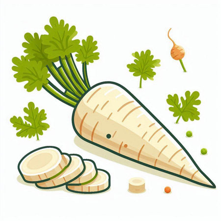 Illustration of carrot with slices and leaves on a white background.のイラスト素材