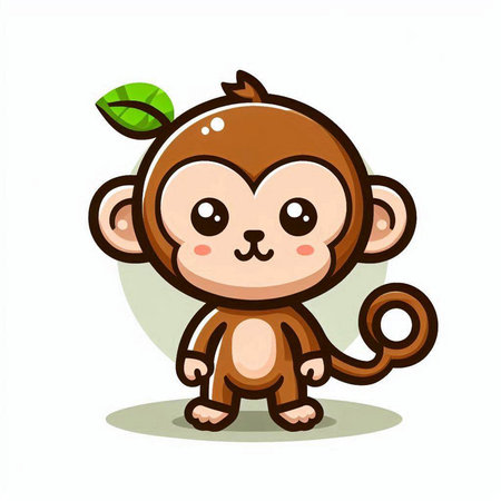 Cute cartoon monkey with green leaf on white background. Vector illustration.のイラスト素材