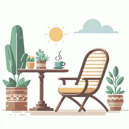 table and chair in the terrace of the house, vector illustrationのイラスト素材