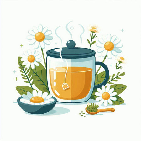 Cup of herbal tea with chamomile flowers. Vector illustration.のイラスト素材