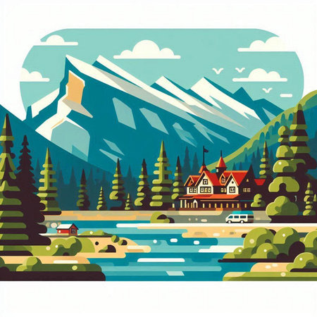 Mountain landscape with lake, forest and house. Vector illustration.のイラスト素材
