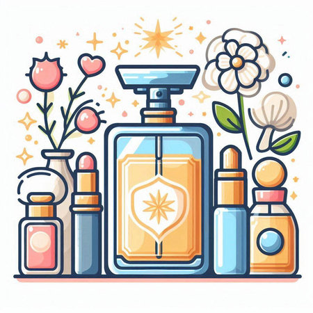 Perfume bottle, cosmetics and flowers. Vector illustration on white background.のイラスト素材