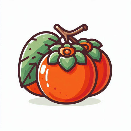 Illustration of persimmon fruit with green leaves on white backgroundのイラスト素材