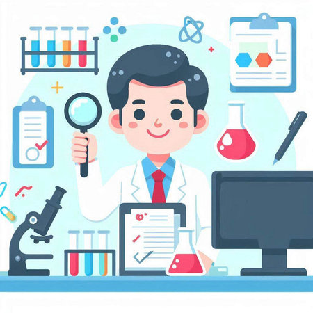 Scientist man working in laboratory. Vector illustration in flat style.のイラスト素材