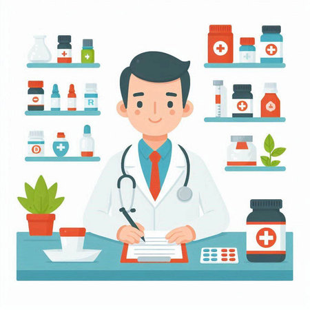 Male doctor writing prescription in medical cabinet. Flat design vector illustration.のイラスト素材