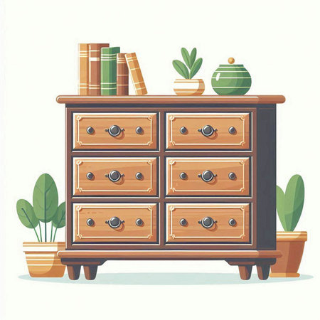 Wooden chest of drawers with books and plants. Vector illustrationのイラスト素材