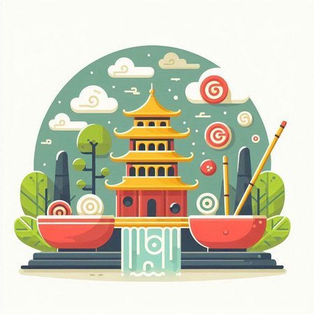 Illustration of ramen bowl with chopsticks, egg and leavesのイラスト素材