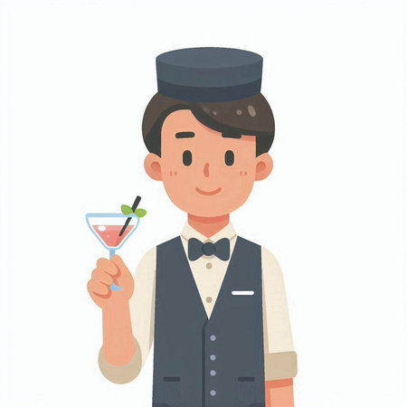 Illustration of a waiter holding a cocktail in his hand, vector illustrationのイラスト素材
